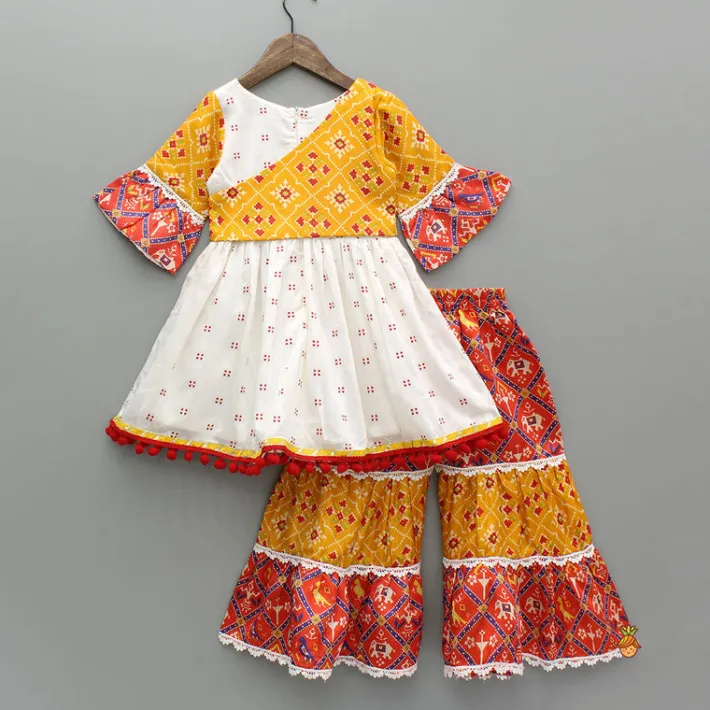 Online Pom-Pom Embellished Multicolour Printed Kurti With Tiered Sharara Ethnic Wear | Palazzos & Shararas