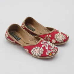 Hot Pretty Pearl And Zardozi Embroidered Red Jutti Shoes