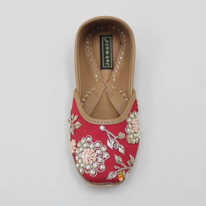 Hot Pretty Pearl And Zardozi Embroidered Red Jutti Shoes