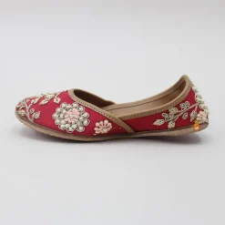 Hot Pretty Pearl And Zardozi Embroidered Red Jutti Shoes