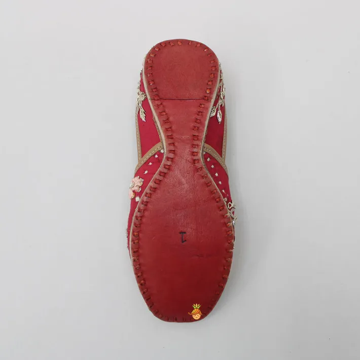 Hot Pretty Pearl And Zardozi Embroidered Red Jutti Shoes