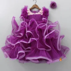 Best Pretty Purple Ruffled Layered Gown With Matching Hair Clip Dresses & Sets | Gowns