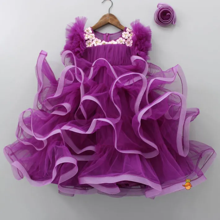 Best Pretty Purple Ruffled Layered Gown With Matching Hair Clip Dresses & Sets | Gowns