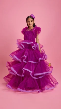 Best Pretty Purple Ruffled Layered Gown With Matching Hair Clip Dresses & Sets | Gowns