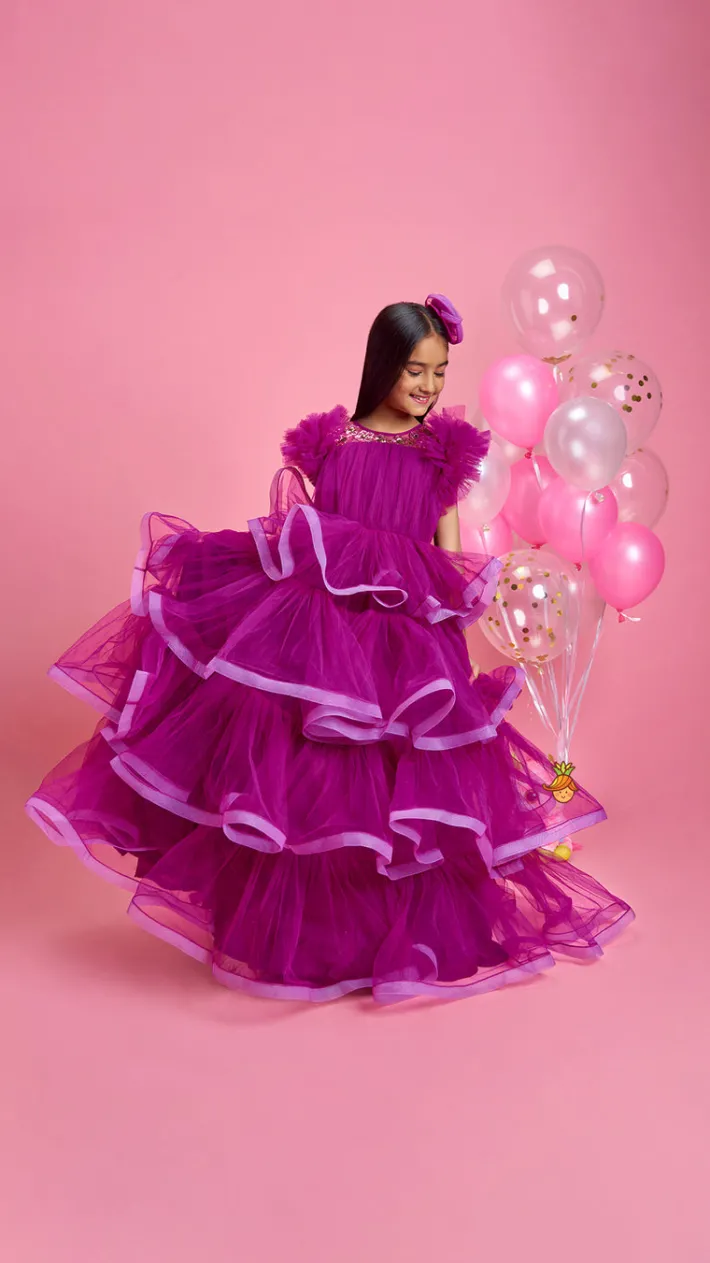 Best Pretty Purple Ruffled Layered Gown With Matching Hair Clip Dresses & Sets | Gowns