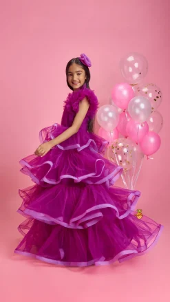 Best Pretty Purple Ruffled Layered Gown With Matching Hair Clip Dresses & Sets | Gowns
