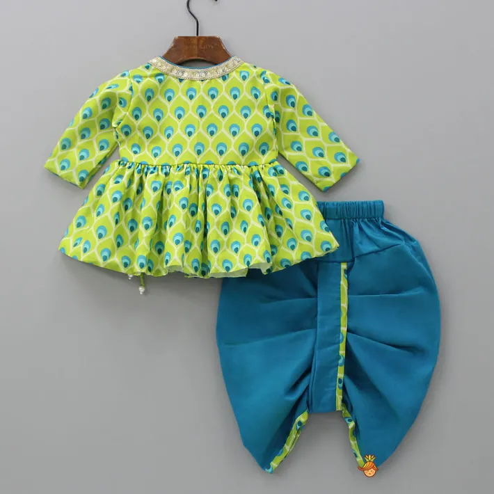 Online Printed Angarkha Style Green Kurta And Dhoti With Mukut BOY Indian Ethnic Wear | Ethnic Sets