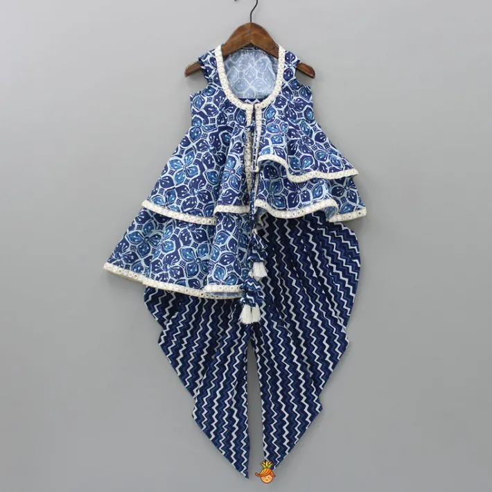 Hot Printed Blue Crop Top With High Low Jacket And Dhoti Ethnic Wear | Dhotis & Patialas
