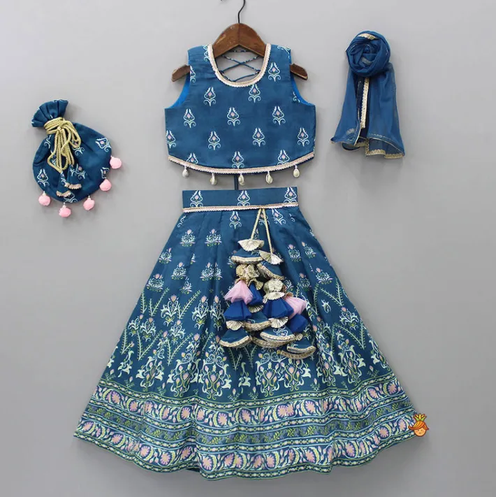 Discount Printed Blue Top And Lehenga With Net Dupatta And Matching Potli Ethnic Wear | Lehengas & Ghagras