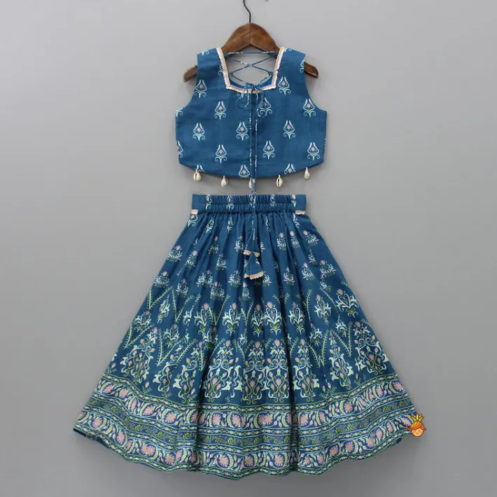 Discount Printed Blue Top And Lehenga With Net Dupatta And Matching Potli Ethnic Wear | Lehengas & Ghagras