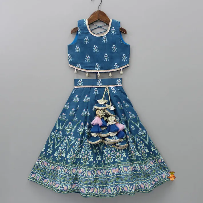 Discount Printed Blue Top And Lehenga With Net Dupatta And Matching Potli Ethnic Wear | Lehengas & Ghagras