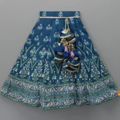 Discount Printed Blue Top And Lehenga With Net Dupatta And Matching Potli Ethnic Wear | Lehengas & Ghagras
