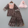 Fashion Printed Gota Lacework Detailing Brown Kurti And Sharara With Net Dupatta Ethnic Wear | Palazzos & Shararas