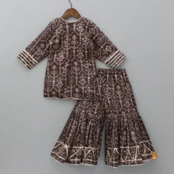 Fashion Printed Gota Lacework Detailing Brown Kurti And Sharara With Net Dupatta Ethnic Wear | Palazzos & Shararas