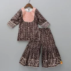 Fashion Printed Gota Lacework Detailing Brown Kurti And Sharara With Net Dupatta Ethnic Wear | Palazzos & Shararas