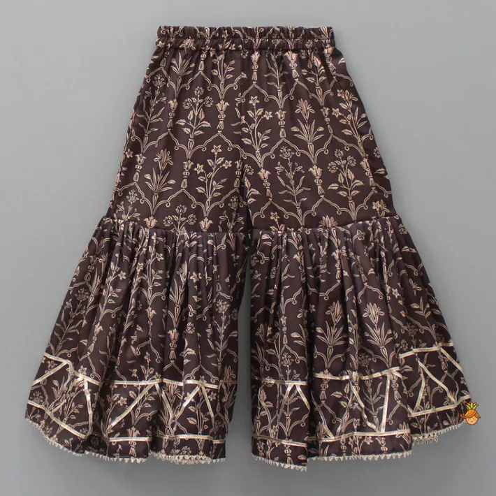 Fashion Printed Gota Lacework Detailing Brown Kurti And Sharara With Net Dupatta Ethnic Wear | Palazzos & Shararas