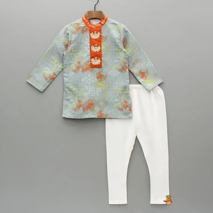 Fashion Printed Grey Embroidery Detailed Kurta With Pyjama BOY Indian Ethnic Wear | Ethnic Sets