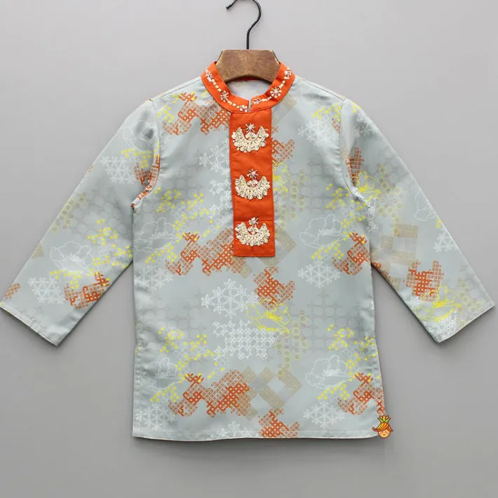 Fashion Printed Grey Embroidery Detailed Kurta With Pyjama BOY Indian Ethnic Wear | Ethnic Sets