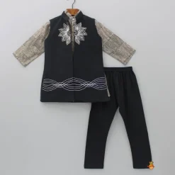 Hot Printed Kurta With Black Embroidered Jacket And Churidar BOY Indian Ethnic Wear | Ethnic Sets