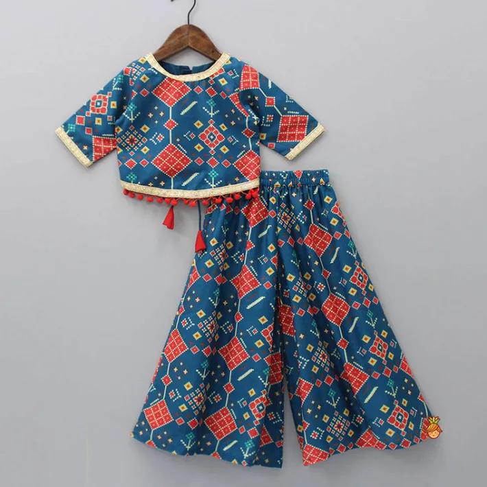 Online Printed Pom Poms Hem Top With Palazzo Ethnic Wear | Palazzos & Shararas