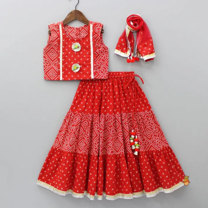 Online Printed Red Top And Lehenga With Net Dupatta Twinning Sets | Ethnic Wear