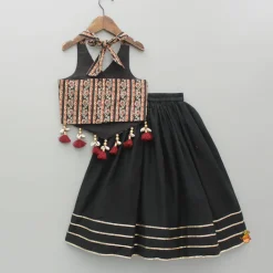 Discount Printed Sequin Embellished Halter Neck Top With Gota Work Lehenga Twinning Sets | Ethnic Wear