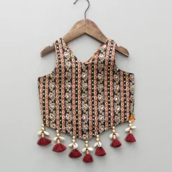 Discount Printed Sequin Embellished Halter Neck Top With Gota Work Lehenga Twinning Sets | Ethnic Wear