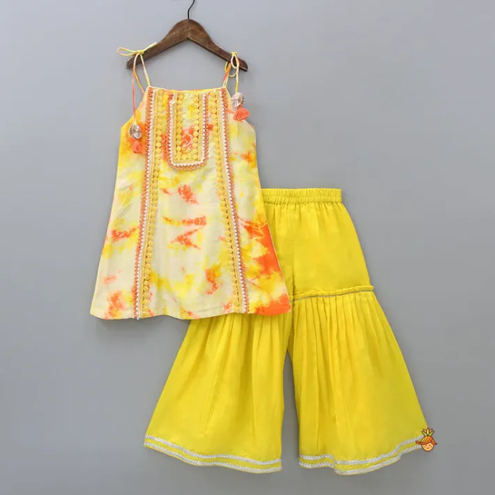 Hot Printed Tie Up Kurti And Sharara With Net Dupatta Ethnic Wear | Palazzos & Shararas