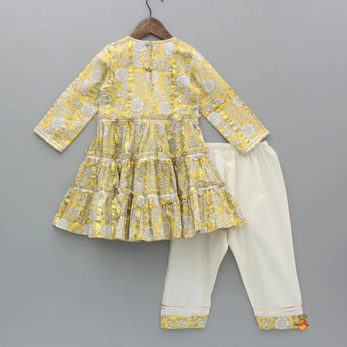 Outlet Printed Yellow Tiered Kurti And Pant Twinning Sets | Ethnic Wear
