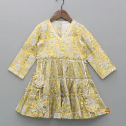Outlet Printed Yellow Tiered Kurti And Pant Twinning Sets | Ethnic Wear
