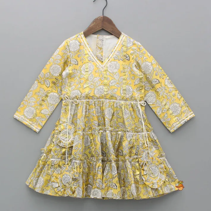 Outlet Printed Yellow Tiered Kurti And Pant Twinning Sets | Ethnic Wear