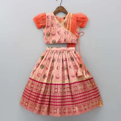 Hot Puff Sleeves Peach Embroidered Drape Top And Pleated Lehenga Ethnic Wear | Lehengas & Ghagras