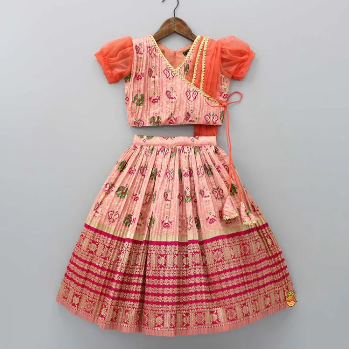 Hot Puff Sleeves Peach Embroidered Drape Top And Pleated Lehenga Ethnic Wear | Lehengas & Ghagras
