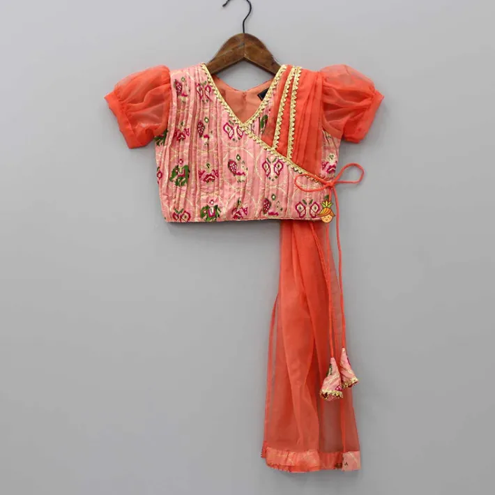 Hot Puff Sleeves Peach Embroidered Drape Top And Pleated Lehenga Ethnic Wear | Lehengas & Ghagras