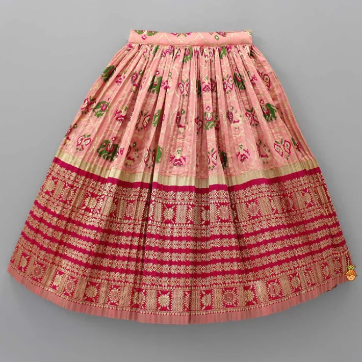Hot Puff Sleeves Peach Embroidered Drape Top And Pleated Lehenga Ethnic Wear | Lehengas & Ghagras