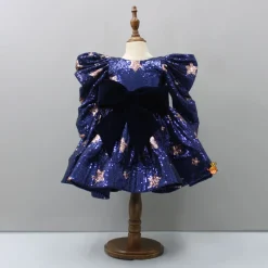 Discount Puffed Sleeves Sequined Blue Dress With Head Band Dresses & Sets | Dresses
