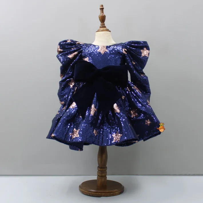 Discount Puffed Sleeves Sequined Blue Dress With Head Band Dresses & Sets | Dresses