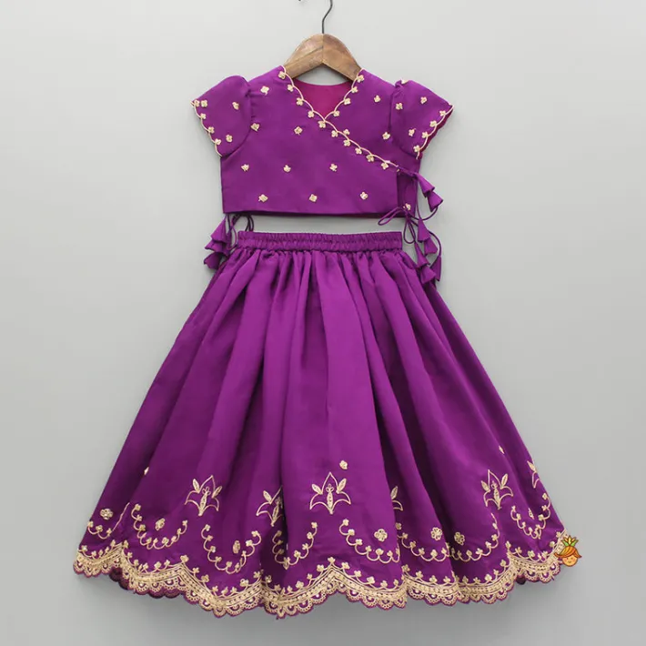 Discount Purple Embroidered Front Overlap Top With Lehenga And Dupatta Ethnic Wear | Lehengas & Ghagras