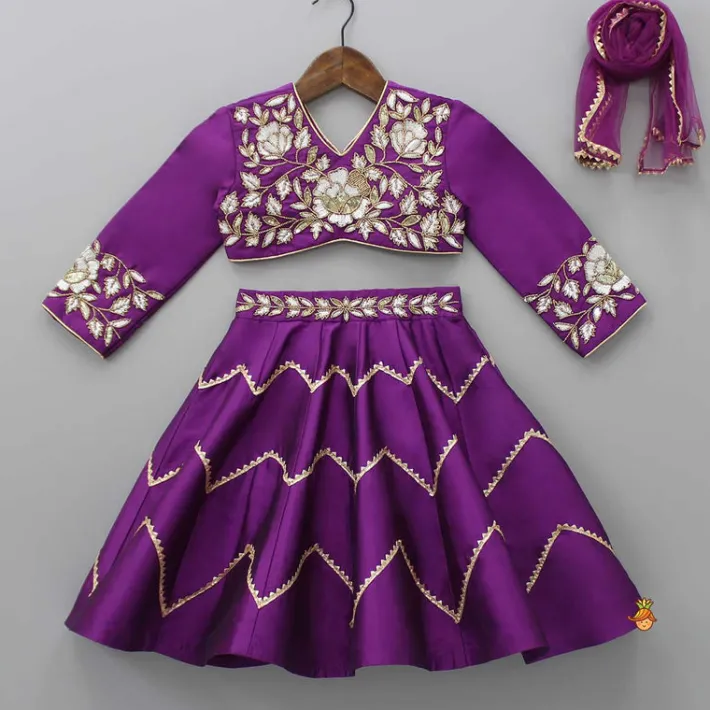 Online Purple Embroidered Top And Lehenga With Matching Net Dupatta Ethnic Wear | Lehengas & Ghagras