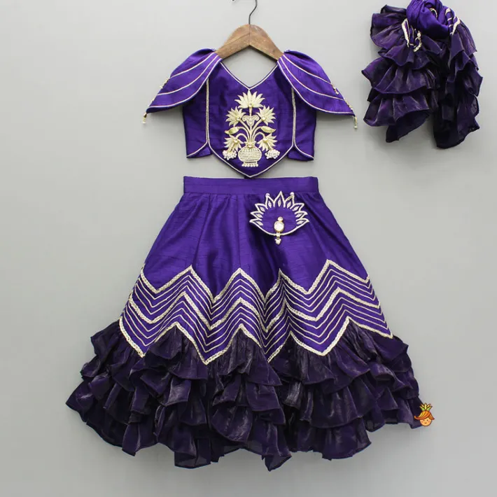 Best Purple Embroidered Top And Lehenga With Attached Pouch And Dupatta Ethnic Wear | Lehengas & Ghagras