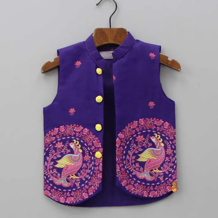 Clearance Purple Ethnic Kurta With Printed Open Jacket And White Pyjama BOY Indian Ethnic Wear | Ethnic Sets