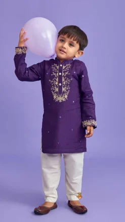 Outlet Purple Faux Mirror Work Kurta With Pyjama BOY Twinning Sets | Indian Ethnic Wear
