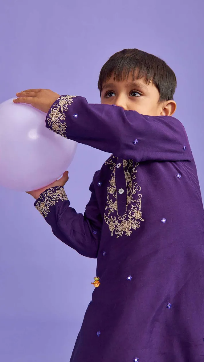 Outlet Purple Faux Mirror Work Kurta With Pyjama BOY Twinning Sets | Indian Ethnic Wear