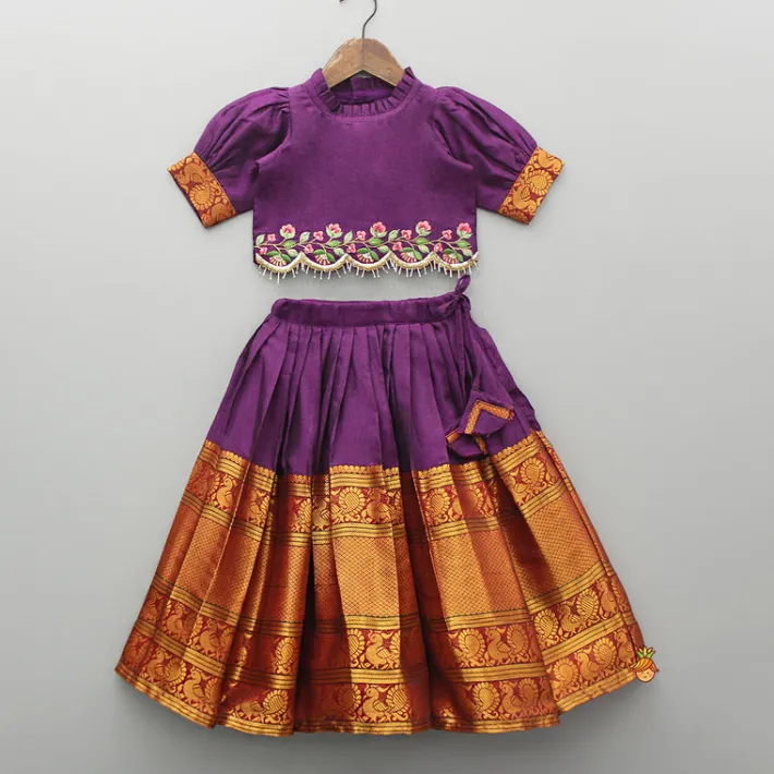 Clearance Purple Floral Embroidered Top And Pleated Lehenga Ethnic Wear | Lehengas & Ghagras