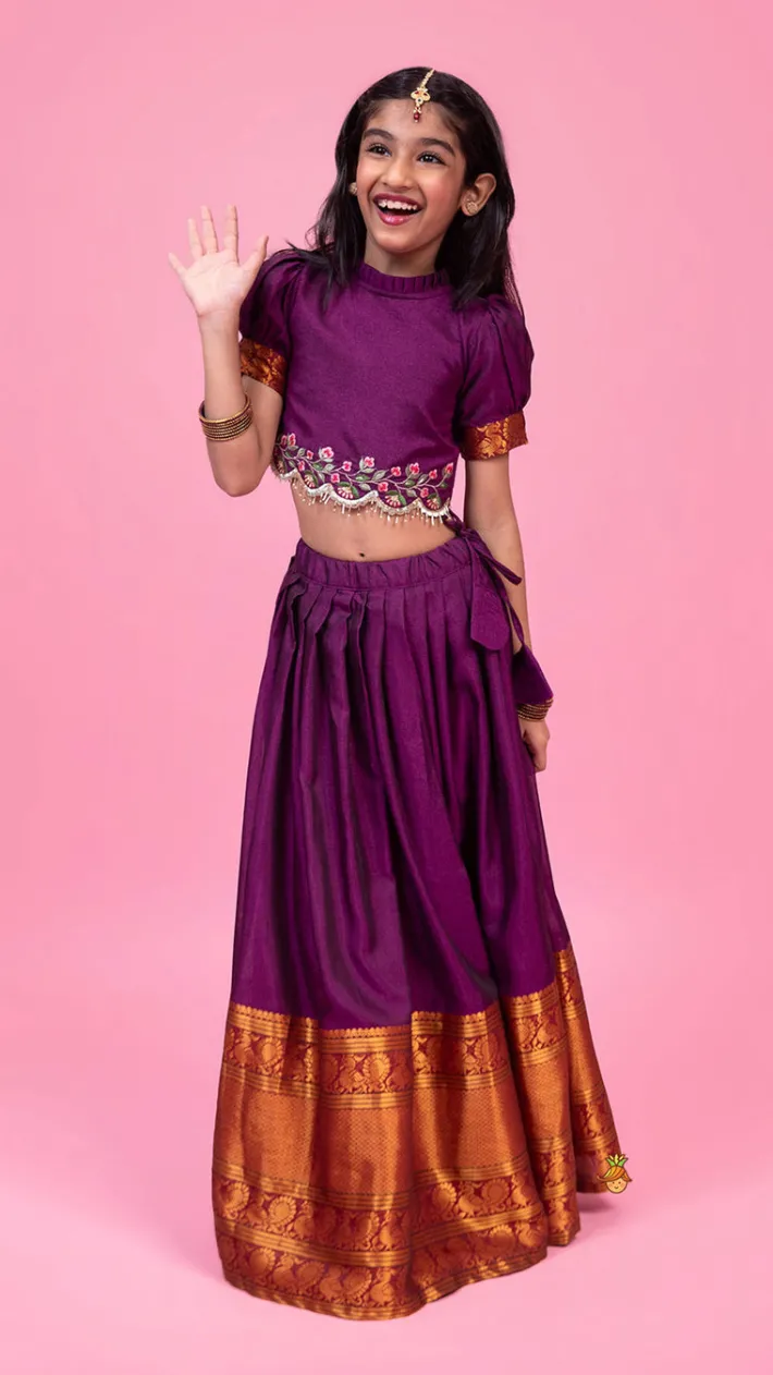 Clearance Purple Floral Embroidered Top And Pleated Lehenga Ethnic Wear | Lehengas & Ghagras