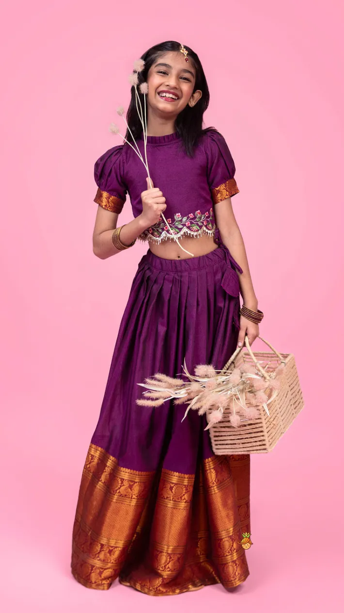 Clearance Purple Floral Embroidered Top And Pleated Lehenga Ethnic Wear | Lehengas & Ghagras