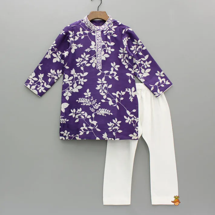 Online Purple Floral Printed Embroidered Kurta With Pyjama BOY Indian Ethnic Wear | Ethnic Sets