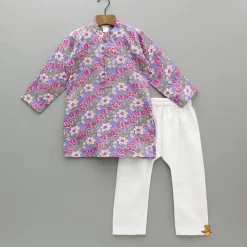 New Purple Floral Printed Kurta With Yellow Jacket And Pyjama BOY Indian Ethnic Wear | Ethnic Sets