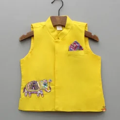 New Purple Floral Printed Kurta With Yellow Jacket And Pyjama BOY Indian Ethnic Wear | Ethnic Sets