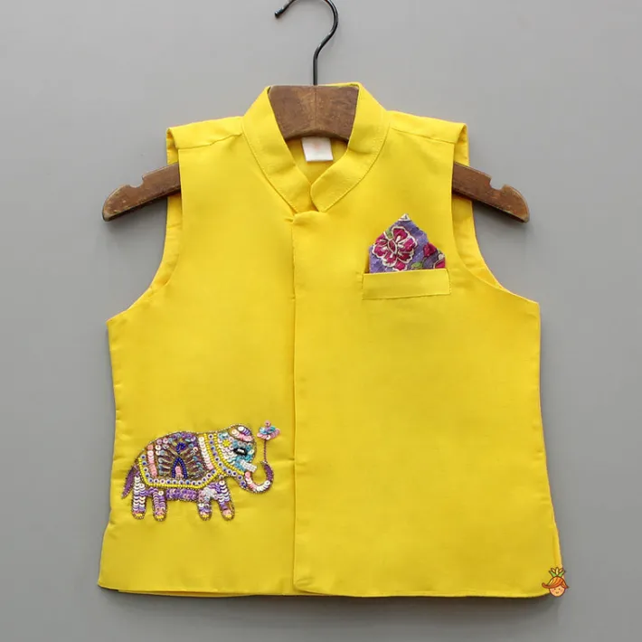 New Purple Floral Printed Kurta With Yellow Jacket And Pyjama BOY Indian Ethnic Wear | Ethnic Sets